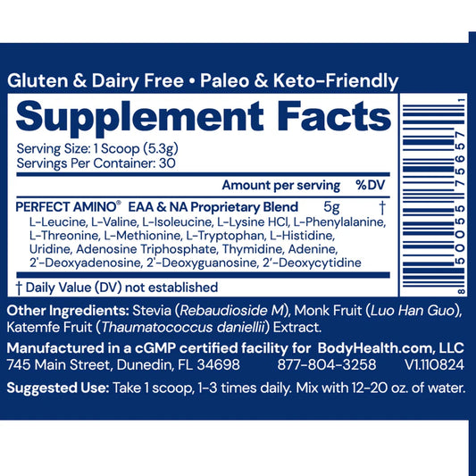 perfect amino powder unflavored bodyhealth supplement facts
