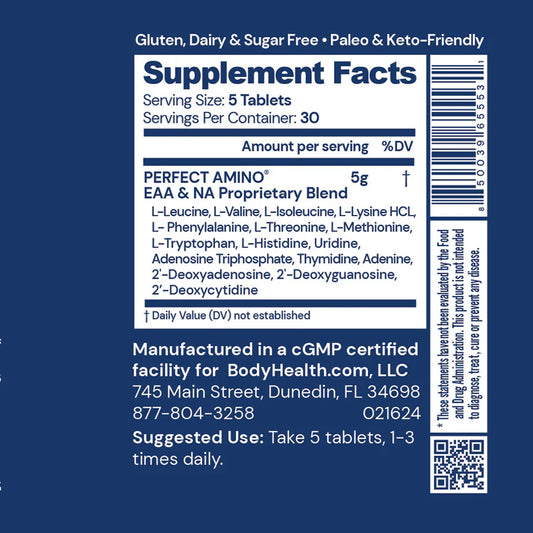 perfect amino tablets uncoated bodyhealth supplement facts etiket