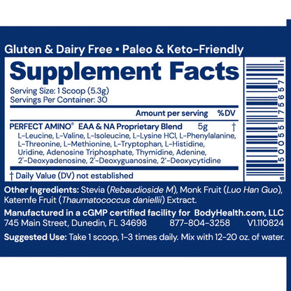 perfect amino powder unflavored bodyhealth supplement facts